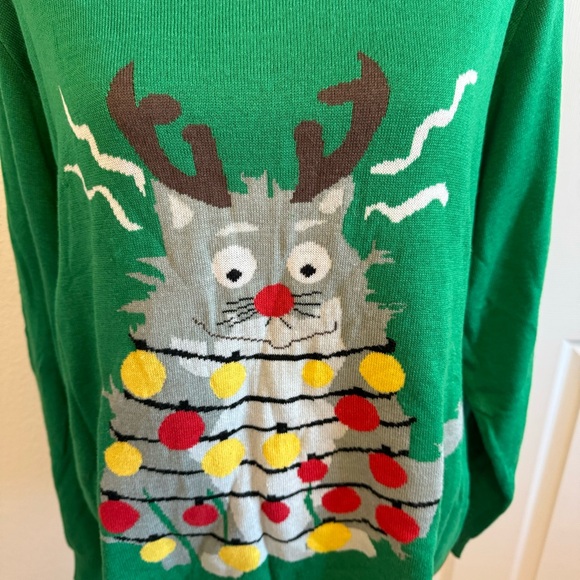 TIPSY ELVES Mens XL Christmas sweater with cat and Christmas lights. Used once. - Picture 4 of 11